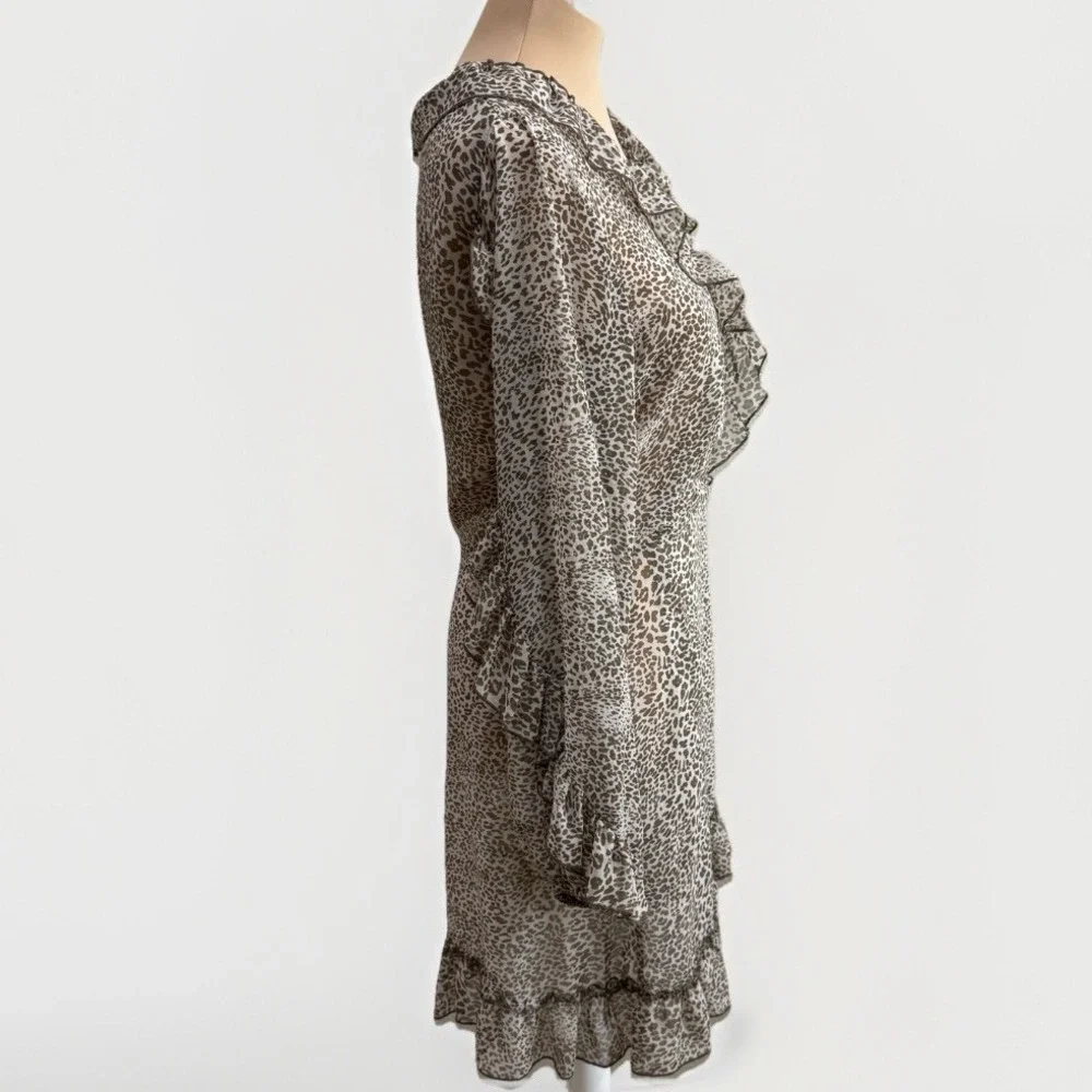 Anthropology Ranna Gill Flora Leopard-Print Ruffled-Wrap Dress Sheer Statement M